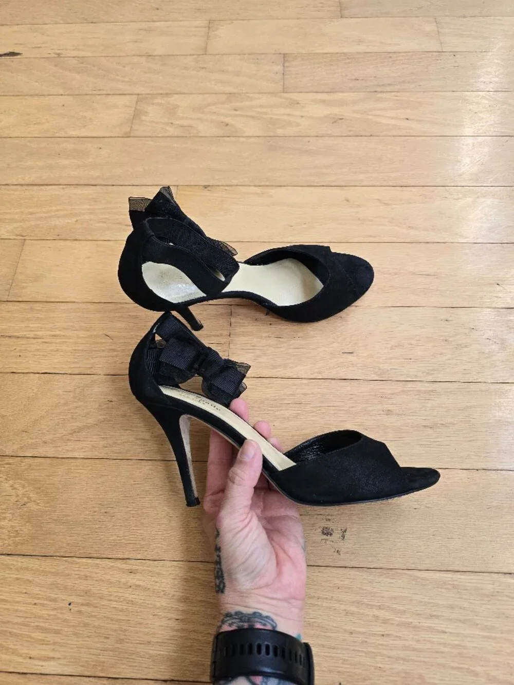 vintage Y2K | Kate Spade black suede open-toe ankle bow strap high heels WMS 7.5
